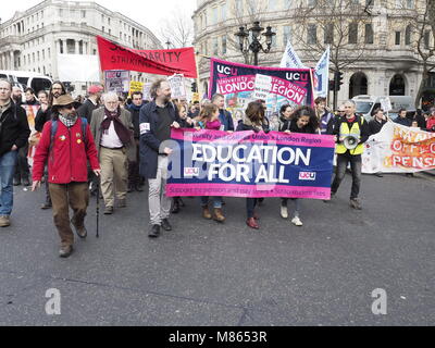 London, UK. 14th March, 2018. University staff union, UCU, members, students and supporters march in the “Defend Education March for Pensions and pay” to the UK Parliament after rejecting a settlement offer from their employers. Credit: Alan Gallery/Alamy Live News Stock Photo