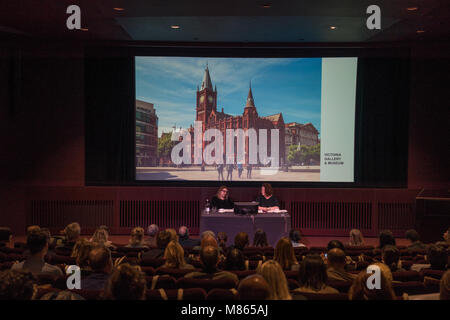 London, UK. 15th March, 2018. Sally Tallant (right), Director of the Liverpool Biennial, and Kitty Scott (co-curator, Liverpool biennial) at the Tate Modern in London for the launch of the programme for the 10th Liverpool Biennial, opening on 14 July 2018 in venues across Liverpool, marking its 20th anniversary. Credit: Roger Garfield/Alamy Live News Stock Photo