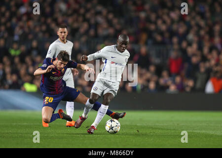 Barcelona, Spain. 14th Mar, 2018. NGOLO KANTE of Chelsea FC duels for the ball with SERGI ROBERTO of FC Barcelona during the UEFA Champions League, round of 16, 2nd leg football match between FC Barcelona and Chelsea FC on March 14, 2018 at Camp Nou stadium in Barcelona, Spain Credit: Manuel Blondeau/ZUMA Wire/Alamy Live News Stock Photo