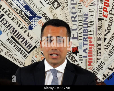 13 March 2018, Italy, Rome: Luigi di Maio, Chairman of the Italian Five Stars movement, speaking to members of the foreign press during a press conference. Photo: Lena Klimkeit/dpa Stock Photo