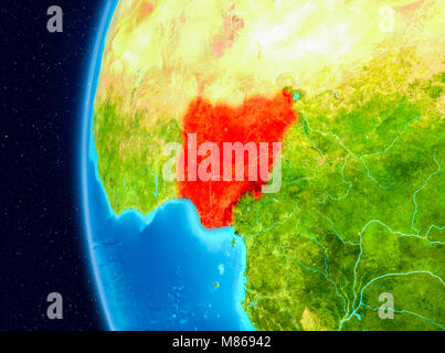 Illustration of Nigeria as seen from Earth’s orbit on planet Earth. 3D illustration. Elements of this image furnished by NASA. Stock Photo