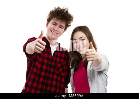 Young woman and man showing OK sign on white background Stock Photo
