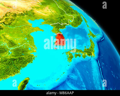 Space orbit view of South Korea highlighted in red on planet Earth at ...