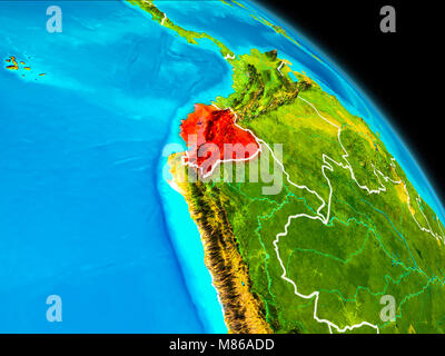 Space orbit view of Ecuador highlighted in red on planet Earth with visible borders. 3D illustration. Elements of this image furnished by NASA. Stock Photo