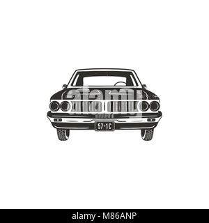 Vintage hand drawn muscle car. Retro car symbol design. Classic car emblem isolated on white background. Stock vector elements. American auto icon. USA automotive theme Stock Vector