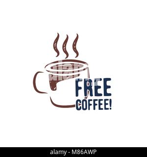 Vintage hand drawn coffee cup stamp. Grunge retro badge. Typography sign - free coffee. Letterpress design. Nice for stickers, patches, labels. Stock vector emblem isolated on white background Stock Vector