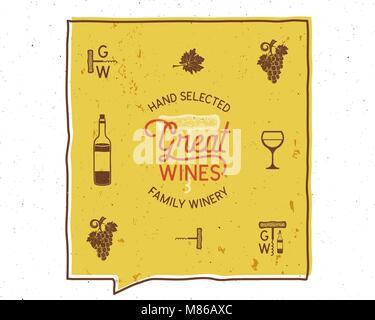 Wine, winery logo and icons, elements. Drink, alcoholic beverage symbol, monogram. Wine bottle, glass, grape, leaf. Great wines lettering. Stock vector poster isolated on white background Stock Vector