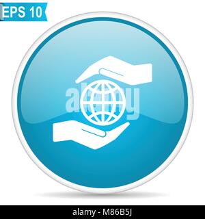Hand protect the earth blue round glossy web vector icon in eps 10 Stock Vector