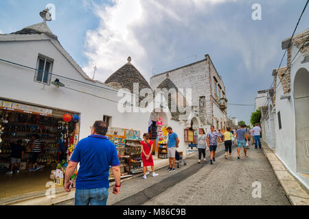 ALBEROBELLO (BA), ITALY - SEPTEMBER 1, 2016: Alberobello, with more than one hundred thousands of arrivals in 2015, drives tourism in Puglia as ninth  Stock Photo