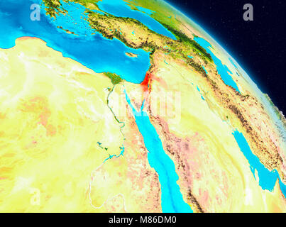 Space view of Israel highlighted in red on planet Earth. 3D illustration. Elements of this image furnished by NASA. Stock Photo