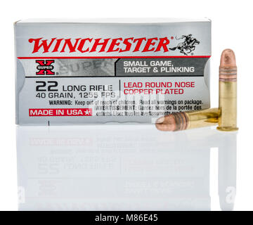 Winneconne, WI -5 March 2018: A box of Winchester 22 long rifle ammunition on an isolated background. Stock Photo