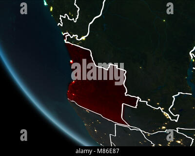 Satellite view of Angola highlighted in red on planet Earth at night with borderlines and city lights. 3D illustration. Elements of this image furnish Stock Photo