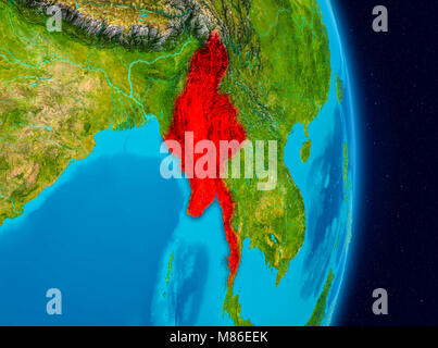 Country of Myanmar in red on planet Earth. 3D illustration. Elements of this image furnished by NASA. Stock Photo