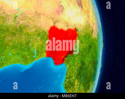 Country of Nigeria in red on planet Earth. 3D illustration. Elements of this image furnished by NASA. Stock Photo