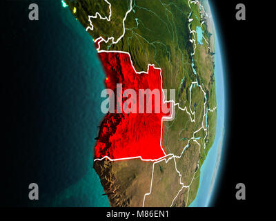 Satellite morning view of Angola highlighted in red on planet Earth with visible border lines and city lights. 3D illustration. Elements of this image Stock Photo