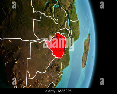 Satellite morning view of Zimbabwe highlighted in red on planet Earth with visible border lines and city lights. 3D illustration. Elements of this ima Stock Photo