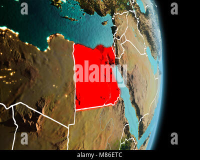 Satellite morning view of Egypt highlighted in red on planet Earth with visible border lines and city lights. 3D illustration. Elements of this image  Stock Photo