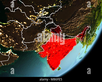 India in early morning light highlighted in red on planet Earth with visible border lines and city lights. 3D illustration. Elements of this image fur Stock Photo