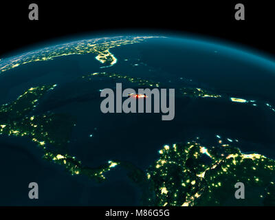 Country of Jamaica in red on planet Earth at night. 3D illustration. Elements of this image furnished by NASA. Stock Photo