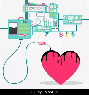 Machinery of factory refining oil and spilling oil on the heart shape. Oil industry. Conceptual. Stock Vector