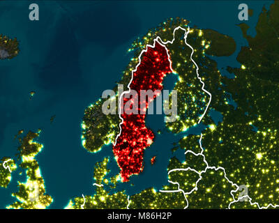 Sweden highlighted in red from Earth’s orbit at night with visible country borders. 3D illustration. Elements of this image furnished by NASA. Stock Photo