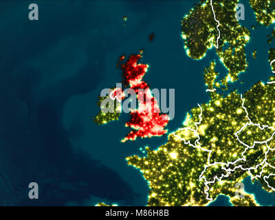 United Kingdom at night highlighted in red on planet Earth. 3D ...