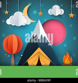Cartoon paper landscape. Tree, mountain, fire, tent, moon, cloud star illustration. Stock Vector