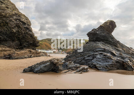 Llangrannog beach at low tide on a cloudy day, Wales coast Stock Photo