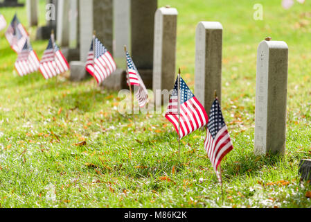 Small US flags in front of headstones in Arlington National Cemetery close to Washington DC Stock Photo