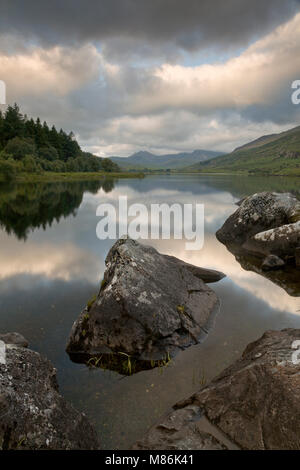 Llyn Mymbyr and Snowdon on a cloudy day, Snowdonia, North Wales Stock Photo