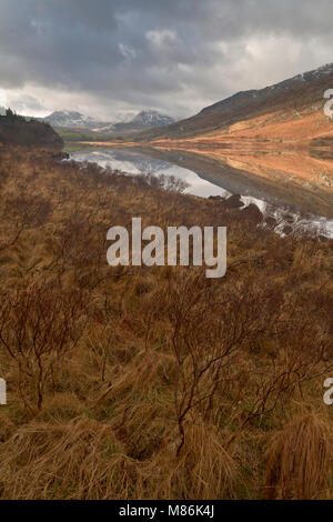 Llyn Mymbyr and Snowdon on a cloudy day, Snowdonia, North Wales Stock Photo