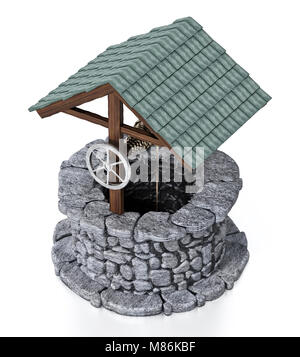 Old stone well isolated on white background. 3D illustration. Stock Photo