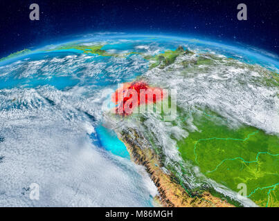 Orbit view of Ecuador highlighted in red on planet Earth with highly detailed surface textures. 3D illustration. Elements of this image furnished by N Stock Photo