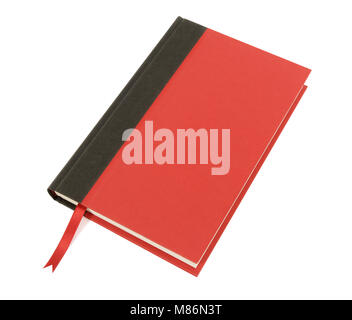 Plain red and black hardback bookwith ribbon bookmark isolated on a white background.  Space for copy. Stock Photo
