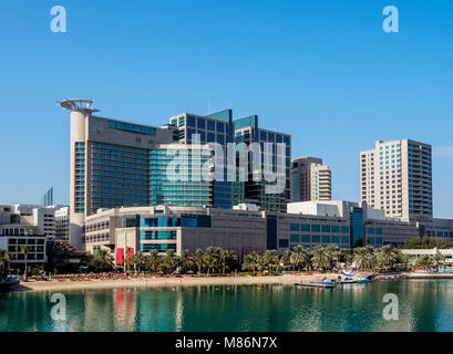 Abu Dhabi Mall and Rotana Beach Hotel seen from Al Maryah Island, Abu Dhabi, United Arab Emirates Stock Photo