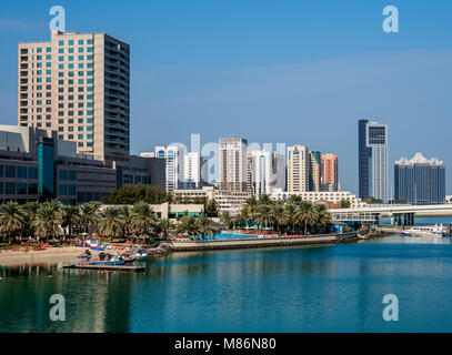 Abu Dhabi Mall and Rotana Beach Hotel seen from Al Maryah Island, Abu Dhabi, United Arab Emirates Stock Photo