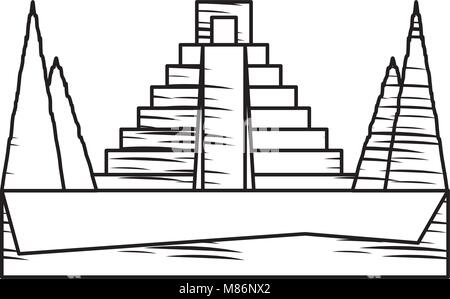 sketch of mexican pyramid surrounded by nature icon over white background, vector illustration Stock Vector