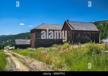 Fraternity Hall and Gillian Hall in ghost town of Elkhorn, Montana, USA Stock Photo