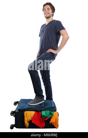 Packing suitcase luggage bag young man travel traveling vacation holidays isolated on a white background Stock Photo