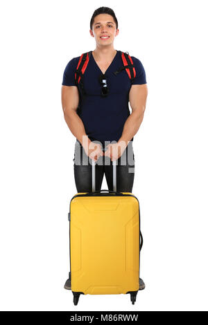 Vacation holidays young man with luggage travel traveling isolated on a white background Stock Photo