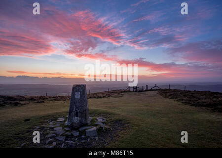 Ordinance Survey Trig point on the summit of Moel Famau, North Wales Stock Photo
