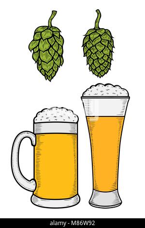 Two glasses of beer with wreath of hops Vintage vector engraving illustration for web, poster, invitation to party. Hand drawn design element isolated Stock Vector