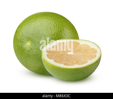 Citrus Sweetie (Pomelit, Citrus 'Oroblanco), isolated on white background with shadow. One whole and one half of the fruit. Stock Photo