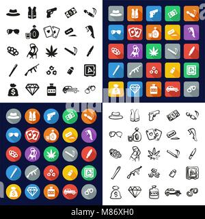 Gangster All in One Icons Black & White Color Flat Design Freehand Set Stock Vector