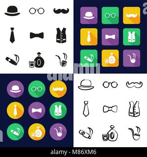 Gentleman All in One Icons Black & White Color Flat Design Freehand Set Stock Vector