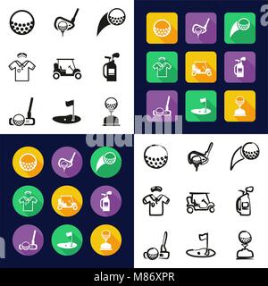 Golf All in One Icons Black & White Color Flat Design Freehand Set Stock Vector