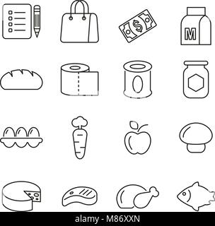 Grocery List or Food Shopping Icons Thin Line Vector Illustration Set Stock Vector