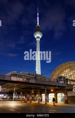 A beautiful night view on Berlin's TV tower (Berliner Fernsehturm) on Alexanderplatz, Berlin, Germany during blue hour Stock Photo