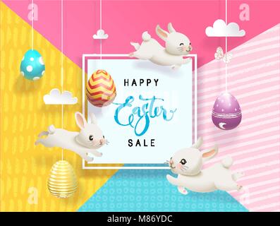 Happy Easter Sale card decorated eggs hanging on strings abstract background, funny little bunnies, square frame and Happy Easter hand lettering. Vector illustration for holiday greeting card Stock Vector