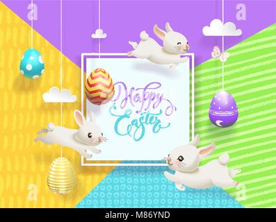 Happy Easter Sale card decorated eggs hanging on strings abstract background, funny little bunnies, square frame and Happy Easter hand lettering. Vector illustration for holiday greeting card Stock Vector